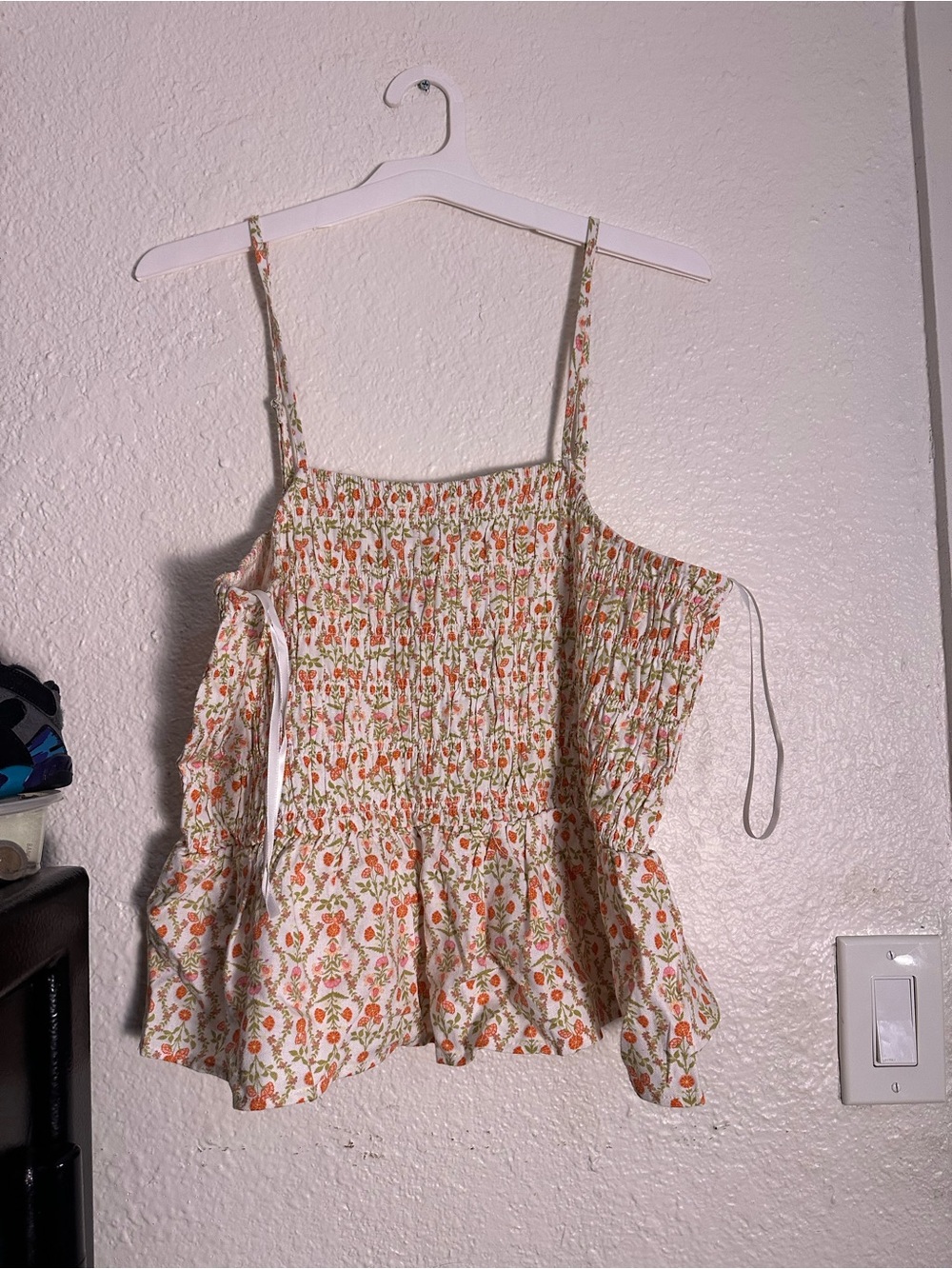 SOLID & STRIPED Cream Floral Smocked Tank with Orange Accents